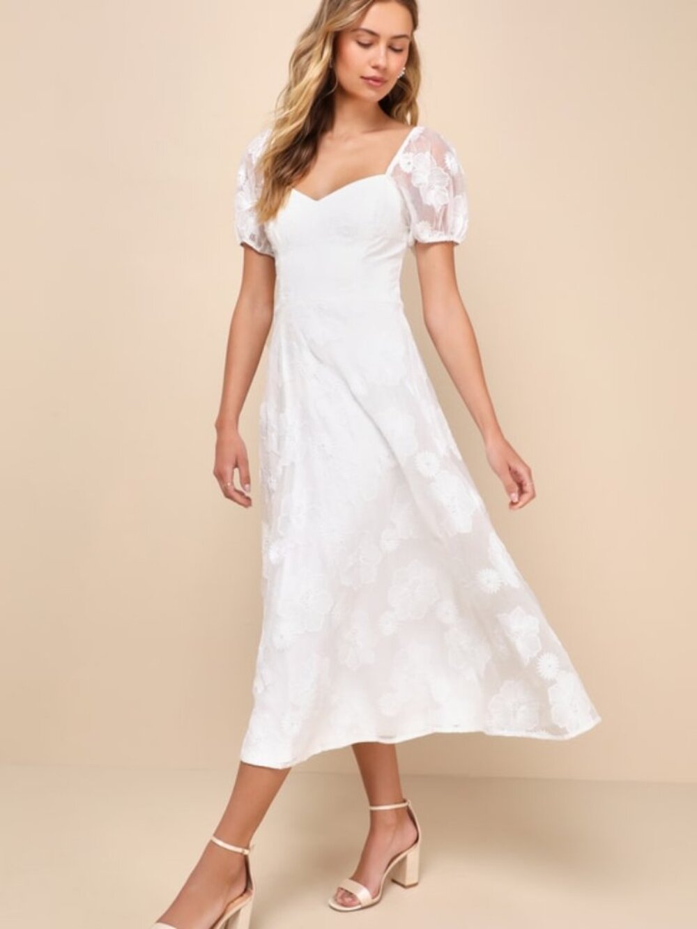 Lulus Sweetest Behavior White Embroidered Puff Sleeve Midi Dress - Size L
